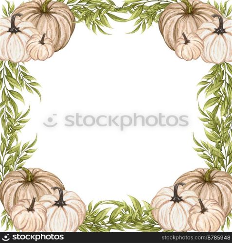 Watercolor frame with autumn pumpkins. Floral arrangement with color pumpkins and dried twigs. Harvest Wreath. Watercolor frame with autumn pumpkins. Floral arrangement with color pumpkins and dried twigs. Harvest Wreath.