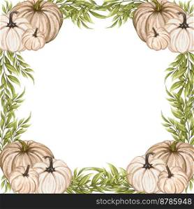 Watercolor frame with autumn pumpkins. Floral arrangement with color pumpkins and dried twigs. Harvest Wreath. Watercolor frame with autumn pumpkins. Floral arrangement with color pumpkins and dried twigs. Harvest Wreath.