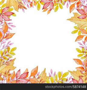 Watercolor frame with red and orange autumn leaves on a white background
