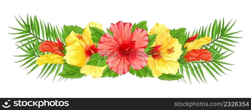 Watercolor frame with red and yellow hibiscus flowers. Hand drawn floral border with tropical flowers and leaves. Wedding invitation, greeting card, design. Tropical composition