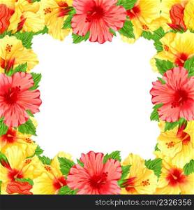 Watercolor frame with red and yellow hibiscus flowers. Hand drawn floral border with tropical flowers and leaves. Wedding invitation, greeting card, design. Tropical wreath.