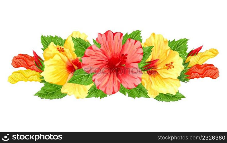 Watercolor frame with red and yellow hibiscus flowers. Hand drawn floral border with tropical flowers and leaves. Wedding invitation, greeting card, design. Tropical composition