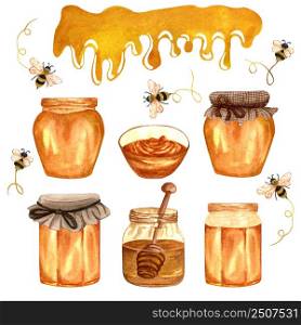 Watercolor fresh honey set with different honey jars and honey bees. Hand drawn organic natural illustration.