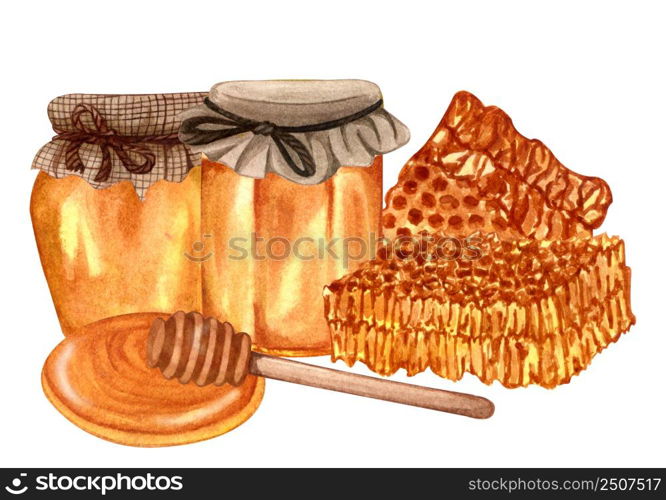 Watercolor fresh honey set with honeycombs, honey dipper, glass jar with honey. Hand drawn organic natural illustration.