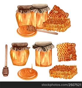 Watercolor fresh honey set with honeycombs, honey dipper, glass jar with honey. Hand drawn organic natural illustration.