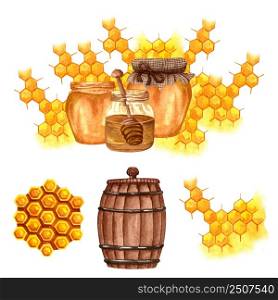 Watercolor fresh honey set with honeycombs, honey dipper, glass jar with honey. Hand drawn organic natural illustration.