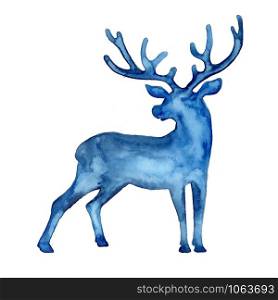 Watercolor full silhouette of deer in blue color. Animal painting. Stag and antler christmas illustration isolated on white background. Decorative New Year symbol for print, decor, pattern. Reindeer. Watercolor full silhouette of deer in blue color. Animal painting. Stag and antler christmas illustration isolated on white background. Decorative New Year symbol for print, decor, pattern. Reindeer.