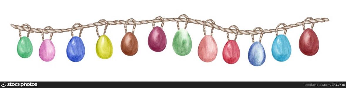 Watercolor garland with colored eggs. Easter eggs buntings. Spring Decoration