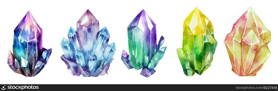 Watercolor Gems collection. Semiprecious crystals. Mystical illustration isolated on white background.. Watercolor Gems collection. Semiprecious crystals. Mystical illustration isolated on white background