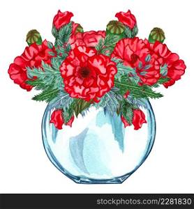 Watercolor glass vase with red flower bouquet inside, hand drawn isolated on a white background. Watercolor illustration of jar with bouquet of red poppies. Summer wildflowers bouquet