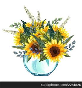 Watercolor glass vase with sunflower bouquet inside, hand drawn isolated on a white background. Watercolor illustration of jar with bouquet of sunflowers. Summer yellow wildflowers bouquet. Watercolor glass vase with sunflower bouquet inside, hand drawn isolated on a white background. Summer yellow wildflowers bouquet