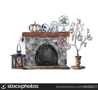 Watercolor Halloween composition on fireplace, scull, pumpkins, spider web. Halloween illustration.. Watercolor Halloween composition on fireplace, scull, pumpkins, spider web. Halloween illustration