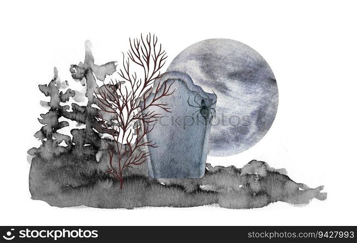 Watercolor Halloween. Hand painted graveyard with tombstone, bats and moon isolated on white background. Holiday print for design or background. Watercolor Halloween. Hand painted graveyard with tombstone, bats and moon isolated on white . Holiday print for design or background