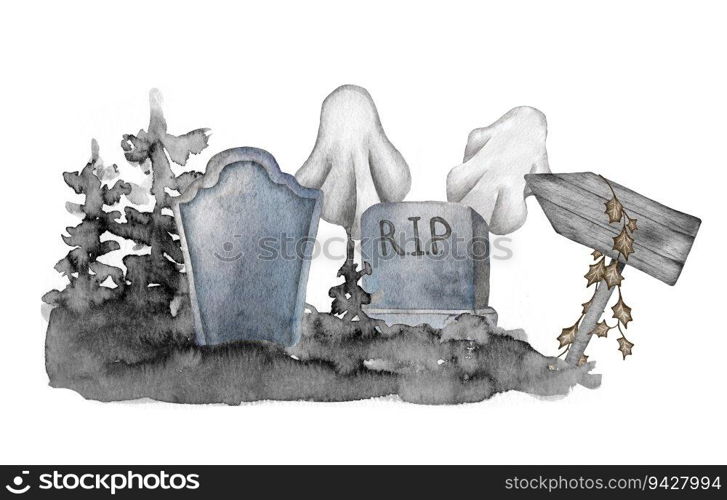 Watercolor Halloween. Hand painted graveyard with tombstone, bats and moon isolated on white background. Holiday print for design or background. Watercolor Halloween. Hand painted graveyard with tombstone, bats and moon isolated on white . Holiday print for design or background