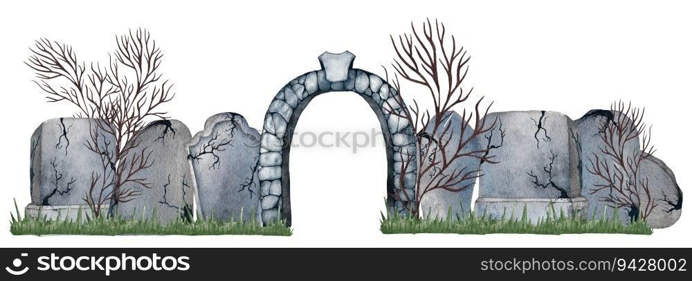 Watercolor Halloween. Hand painted graveyard with tombstone, bats and moon isolated on white background. Holiday print for design or background. Watercolor Halloween. Hand painted graveyard with tombstone, bats and moon isolated on white . Holiday print for design or background