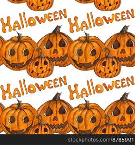 Watercolor Halloween pumpkins pattern. Hand drawn seamless Halloween background of pumpkin lanterns