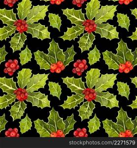 Watercolor hand dranw colorful floral seamless pattern with holly leaves and holly berry - natural winter seamless pattern on black - christmas background.