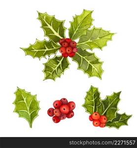 Watercolor hand drawn Christmas and New Year symbol decorative elements. Holly twig set with leaves and red berry. 