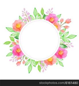 Watercolor hand drawn floral background with pink flowers and green leaves