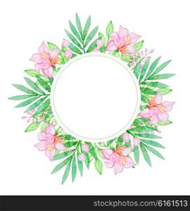 Watercolor hand drawn floral background with tropical flowers and green leaves