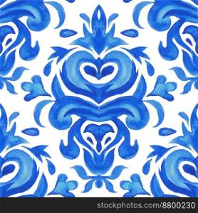 Watercolor hand drawn floral design. Seamless pattern. Blue and white damask azulejo decorative element.. Vintage damask floral seamless ornamental watercolor arabesque paint tile design pattern for tile decor.