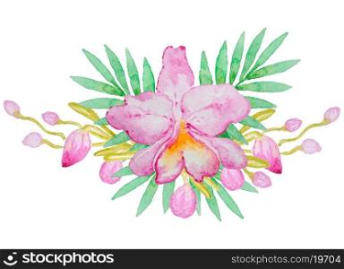 Watercolor hand drawn pink orchid and palm leaves