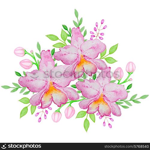 Watercolor hand drawn pink orchids and green leaves