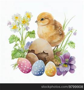 Watercolor happy Easter with yellow chicken illustration. Illustration AI Generative 