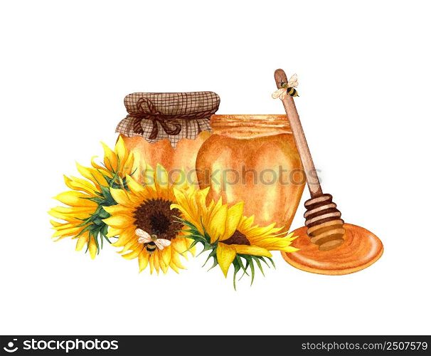 Watercolor healthy honey in glass jars, sunflower flowers and wooden honey dipper. Hand drawn organic food illustration