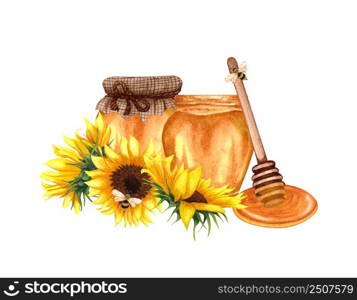 Watercolor healthy honey in glass jars, sunflower flowers and wooden honey dipper. Hand drawn organic food illustration