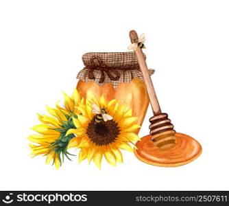 Watercolor healthy honey in glass jars, sunflower flowers and wooden honey dipper. Hand drawn organic food illustration
