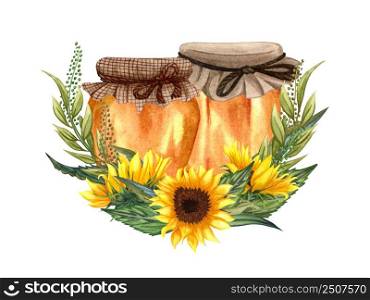 Watercolor healthy honey in glass jars, sunflower flowers frame. Hand drawn organic food illustration