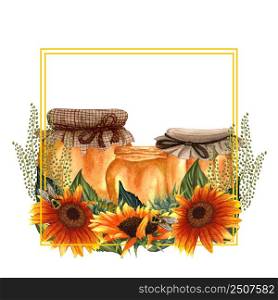Watercolor healthy honey in glass jars, sunflower frame with leeves and flowers. Hand drawn organic food illustration