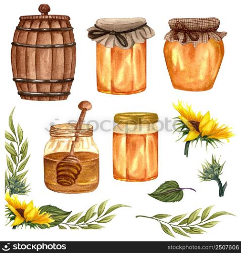 Watercolor healthy honey in glass jars with sunflower flowers. Hand drawn set of organic food, bees, sunflowers wooden honey dipper.