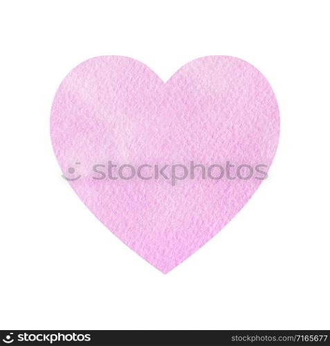 Watercolor heart of pink color. Lilac pastel background with paper texture. Hand-drawn illustration for valentines day and wedding.. Watercolor heart of pink color.