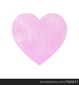 Watercolor heart of pink color. Lilac pastel background with paper texture. Hand-drawn illustration for valentines day and wedding.. Watercolor heart of pink color.