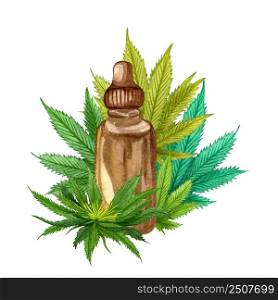 Watercolor hemp oil on white background. Hand drwn cannabis oil. Perfect for medicine, logo, aromatherapy, cosmetics, design.