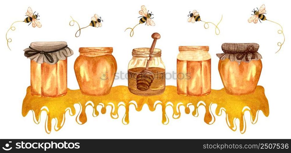 Watercolor honey banner with honey pots, jar and flieng bees. Hand drawn organic illustration