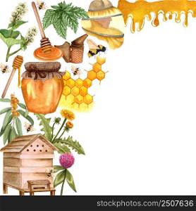 Watercolor honey colorful frame with honeycombs, plants, dipping, bees and honey pot, beehave. Hand drawn honey background.