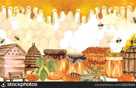 Watercolor honey colorful frame with honeycombs, plants, dipping, bees and honey pot, beehives. Hand drawn honey background.
