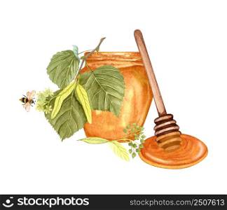 Watercolor honey jar and green linden twig, wooden honey dipping. Hand drawn organic food illustration isolated on white background. Linden honey