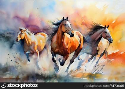 Watercolor horses run. Color paint. Generate Ai. Watercolor horses run. Color paint