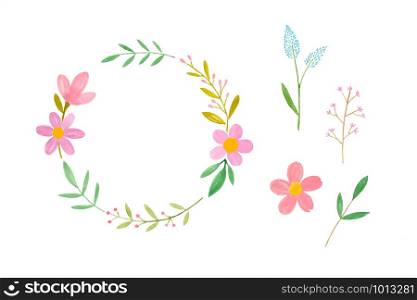 Watercolor illustration art design, Set of colorful flowers and wreath in watercolor hand pianting style isolated on white background, pattern element for invitation greeting card