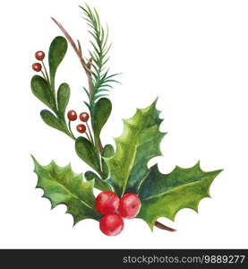 Watercolor illustration Christmas decoration holly leaves and berries. Christmas decoration