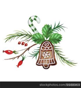 Watercolor illustration isolated on white background. Christmas gingerbread bell with fir branch and rosehip berries. Handdrawn clipart for card decorating.. Watercolor illustration isolated on white background. Handdrawn clipart.