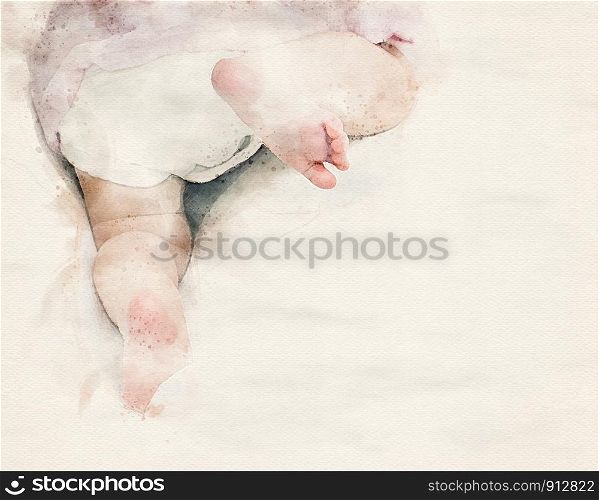 watercolor illustration of a barefoot toddler crawling