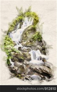 Watercolor Illustration of a cascading small waterfall
