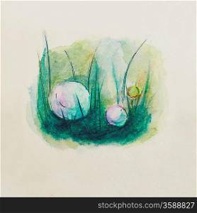 watercolor illustration of a drop of morning dew on the grass