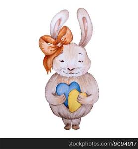Watercolor Illustration of a Rabbit Girl with an orange bow on her ear and two hearts in her hands in blue and yellow