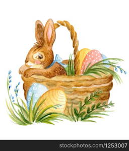 Watercolor illustration of a rabbit sitting in basket with eggs ang flowers stock illustration. Easter bunny characters vintage illustration isolated on white background. Easter concept.